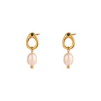 Stainless steel green stone pearl drop earrings, front product view