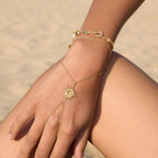 Fine wrist and finger chains shown on a hand