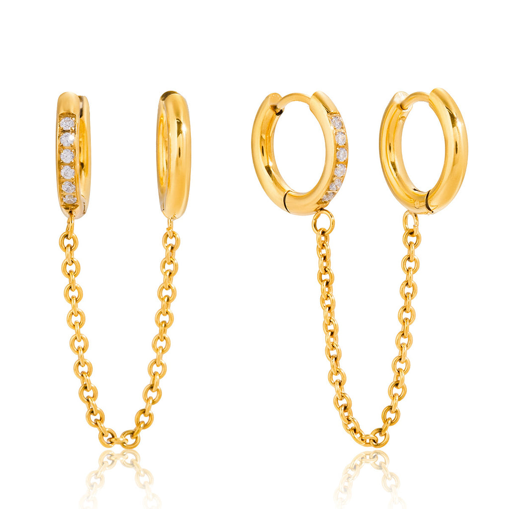 Gold Plated Clear Stone Double Huggie Chain Earrings — front view