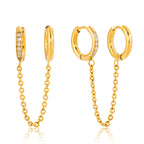Gold Plated Clear Stone Double Huggie Chain Earrings — front view