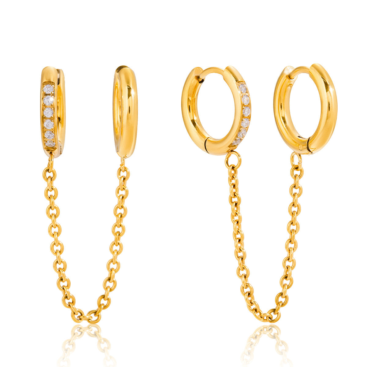 Gold Plated Clear Stone Double Huggie Chain Earrings — front view