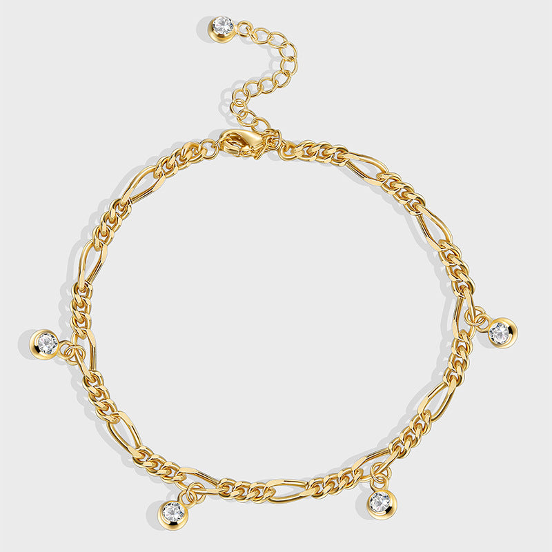 gold plated brass mixed-link anklet with cubic zirconia drops