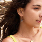 Two-tone fan earrings worn with a pendant