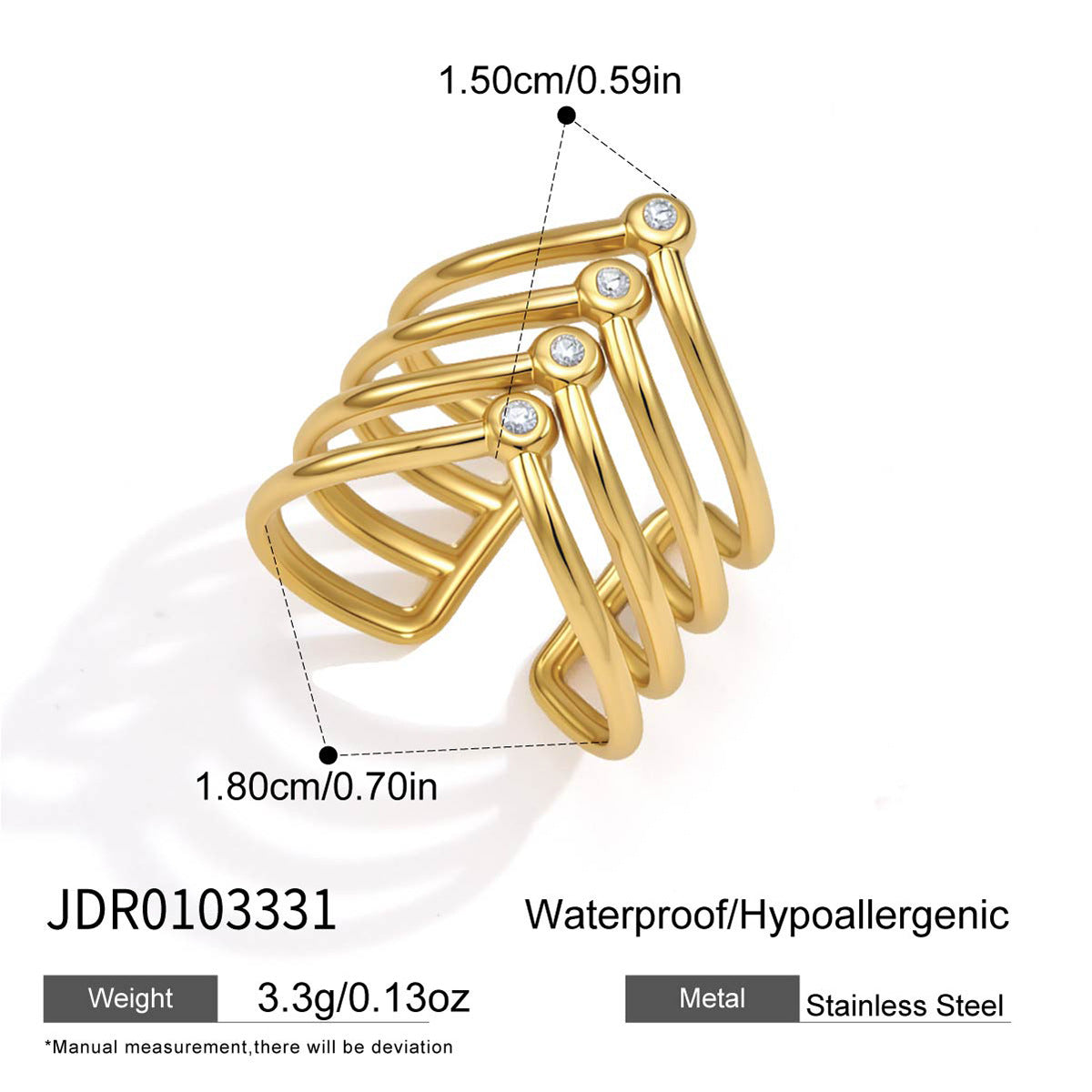 Gold tone chevron ring showing four clear stone accents