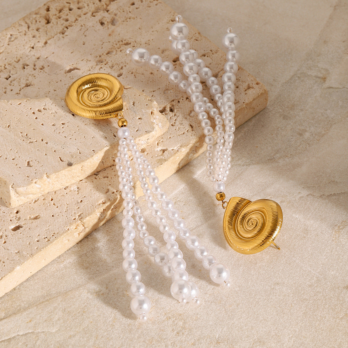 Gold Plated Pearl-Look Tassel Stainless Steel Earrings — wholesale view 3