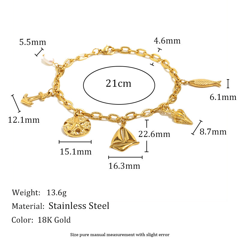 Gold Plated 316L Stainless Steel Coastal Charm Bracelet — 21 cm chain and charm size diagram