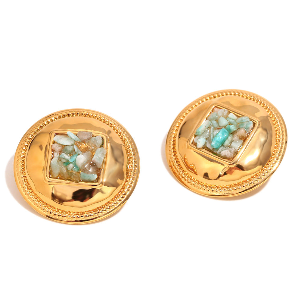 front product view of round green stone chip earrings with beaded rims