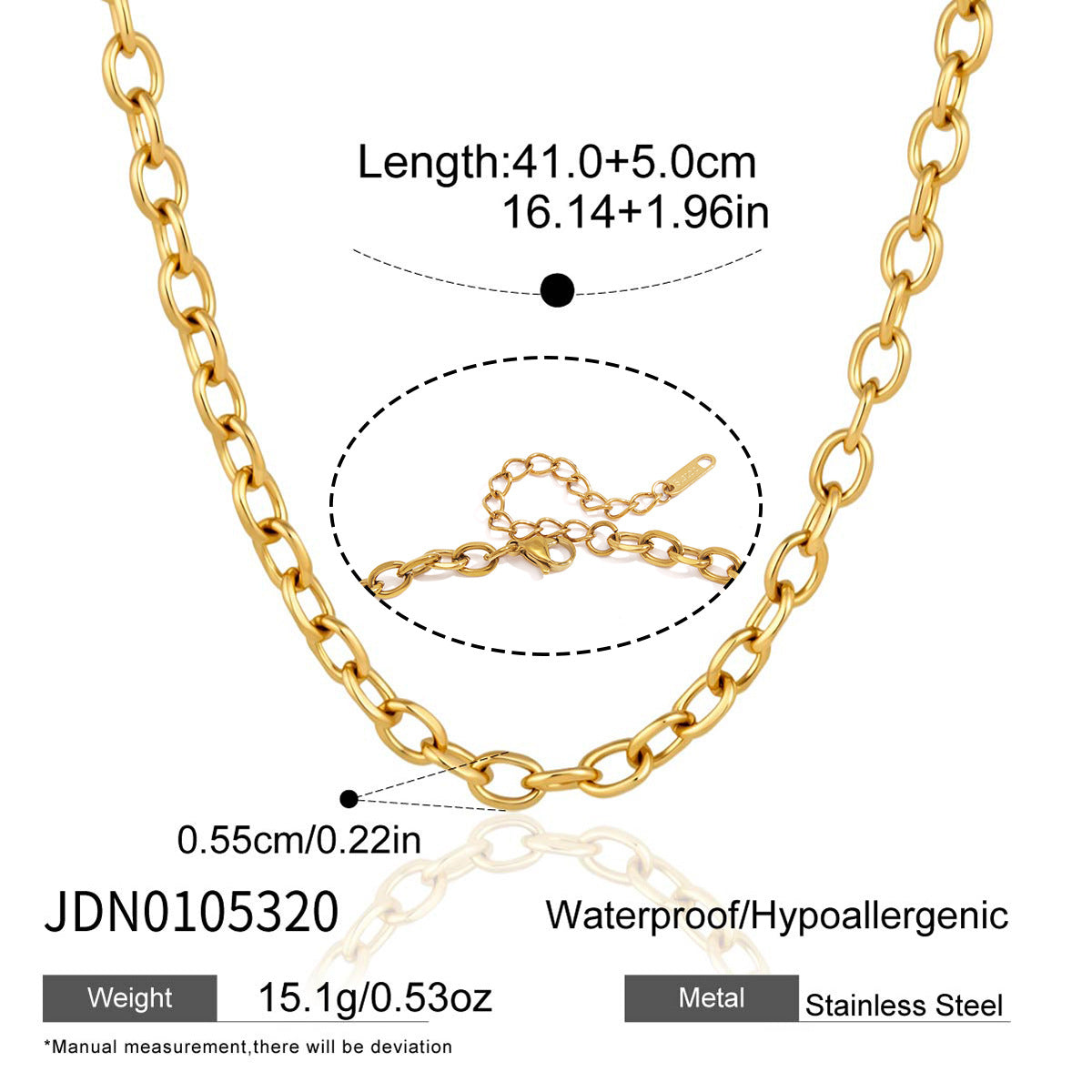 Oval link chain with extension and dimensions