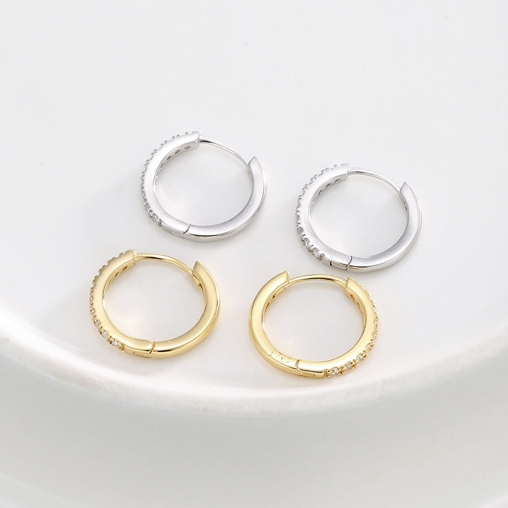 925 Sterling Silver Pavé Zirconia Huggie Hoop Earrings — rear views and hinged closures