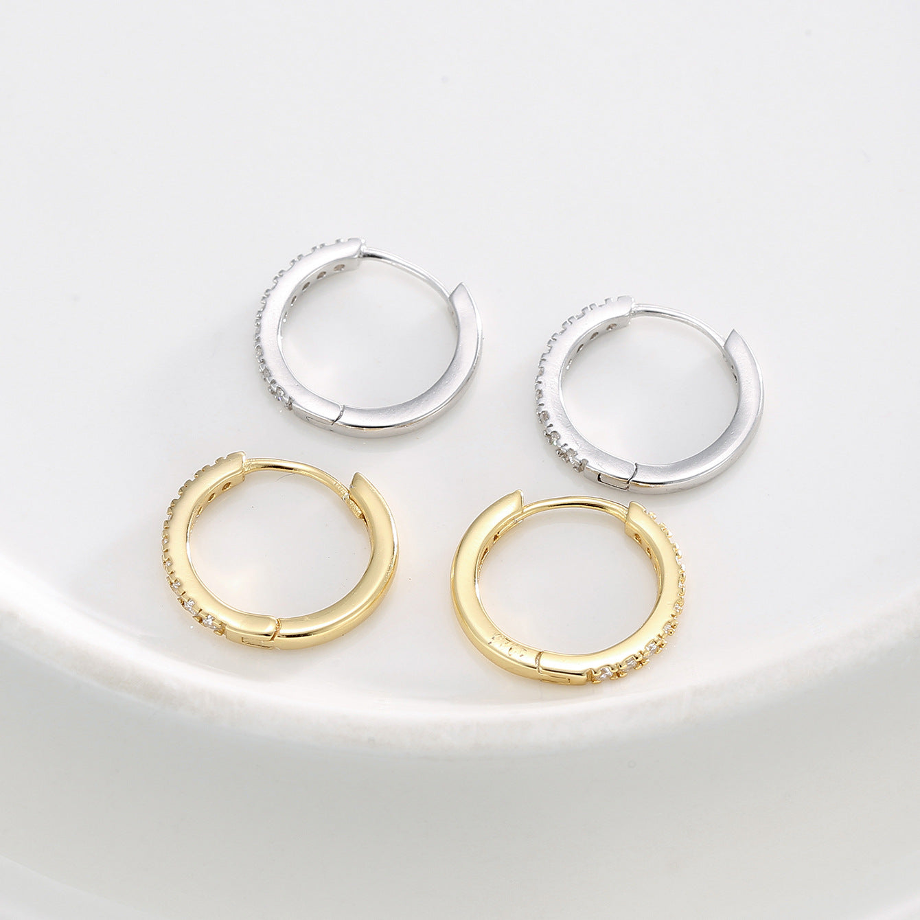 925 Sterling Silver Pavé Zirconia Huggie Hoop Earrings — rear views and hinged closures