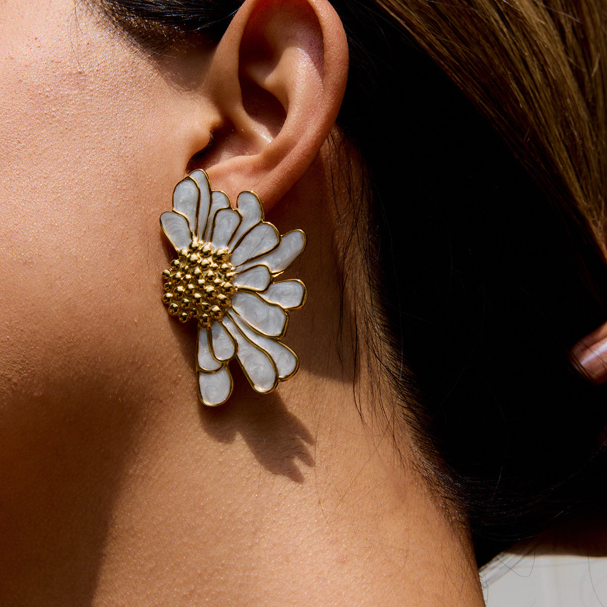 Gold Tone Colored Floral Stainless Steel Stud Earrings — white petal floral stud option