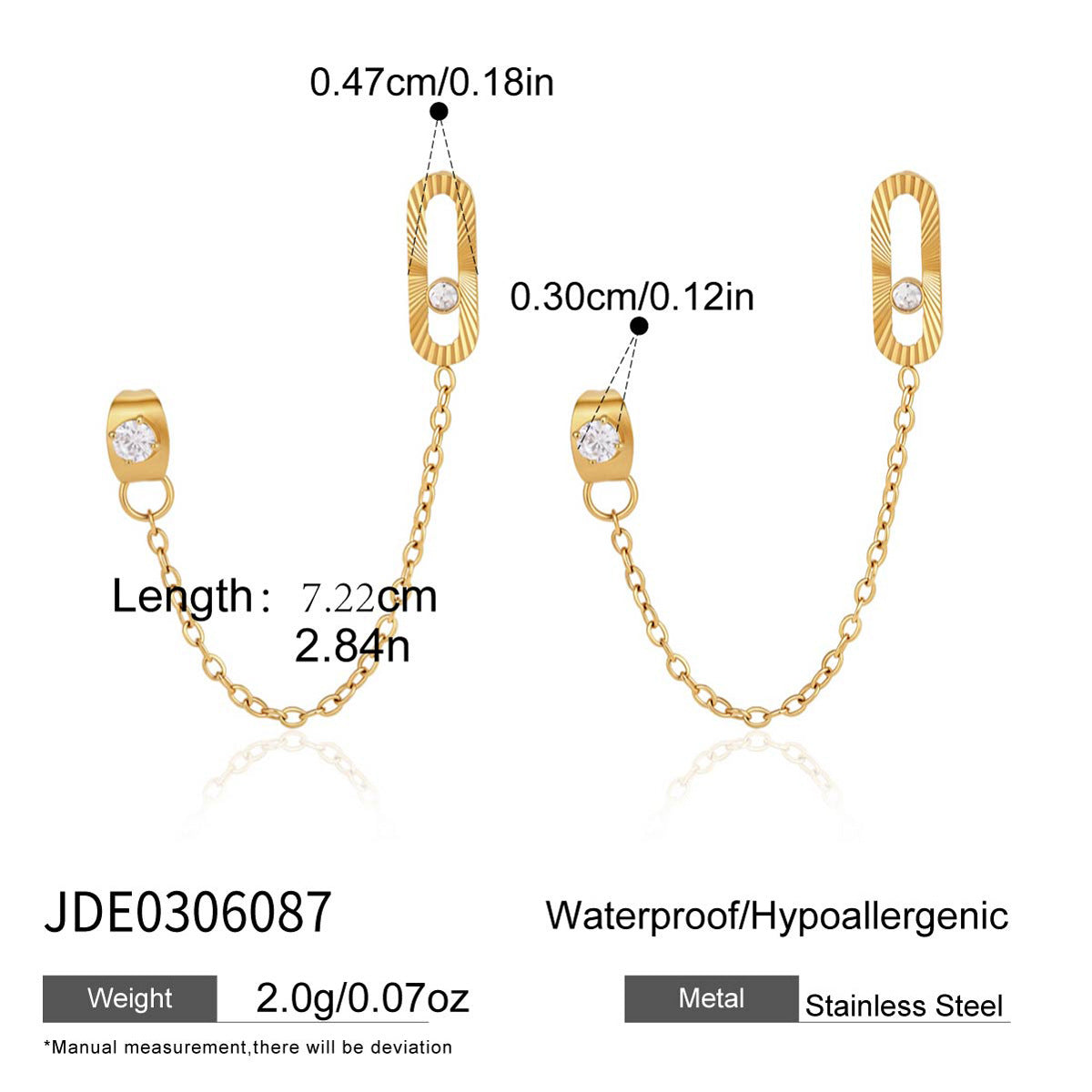Chain-connected oval-link earrings with size diagram