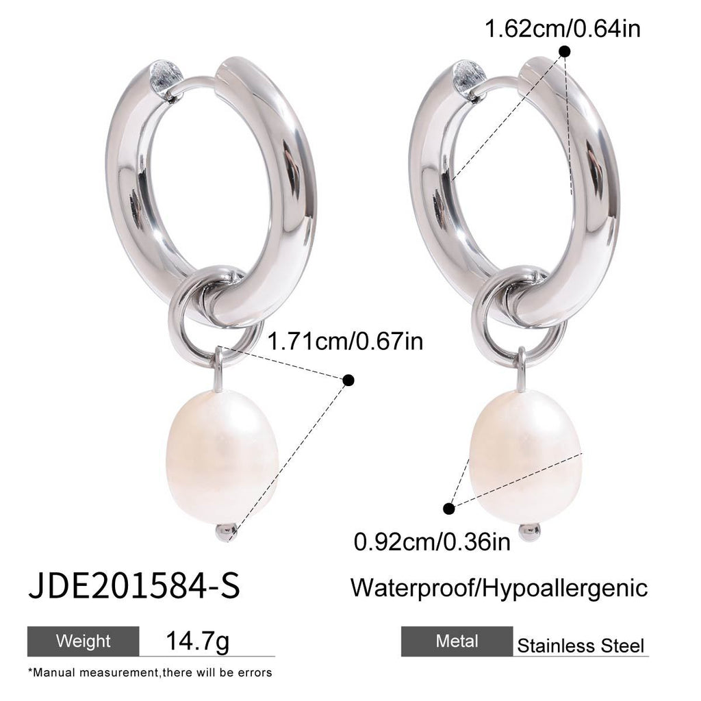 Silver-Finish Pearl-Look Stainless Steel Drop Hoop Earrings – detail view