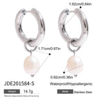 Silver-Finish Pearl-Look Stainless Steel Drop Hoop Earrings – detail view
