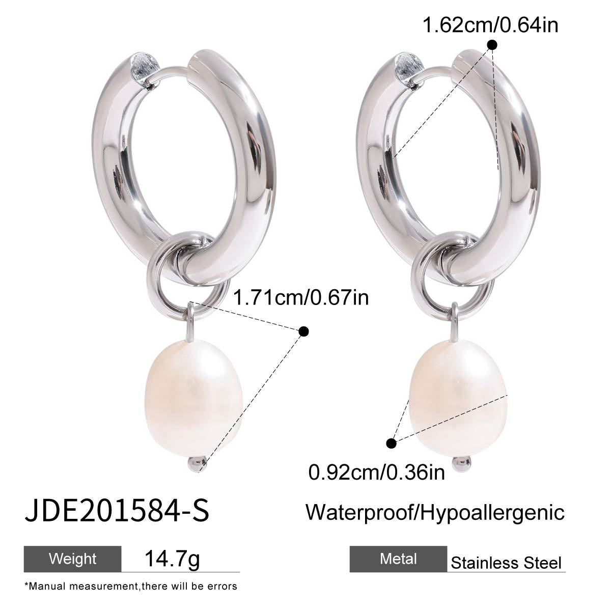 Silver-Finish Pearl-Look Stainless Steel Drop Hoop Earrings – detail view