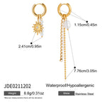 Sunburst charm and chain drop stainless steel hoop earrings