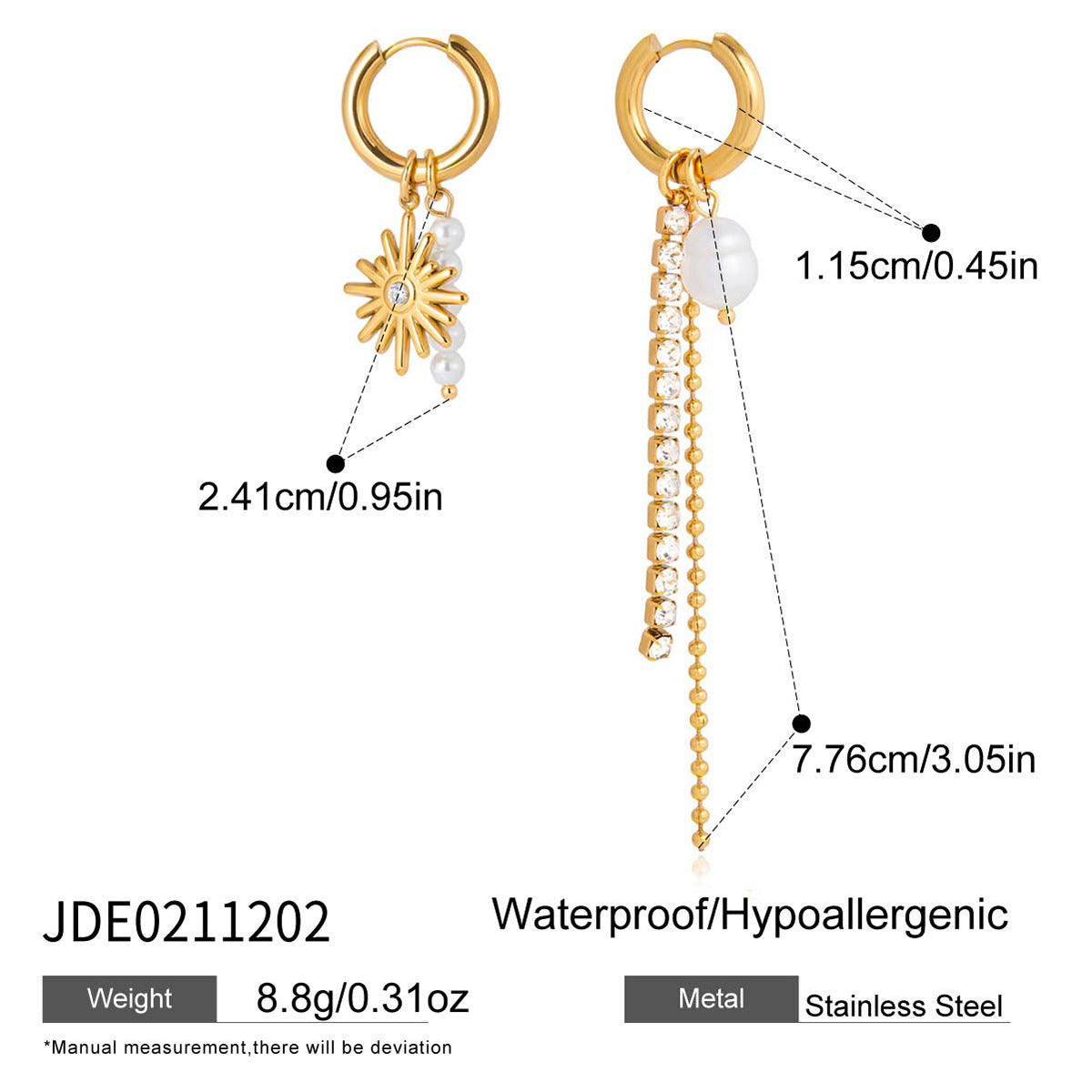 Sunburst charm and chain drop stainless steel hoop earrings