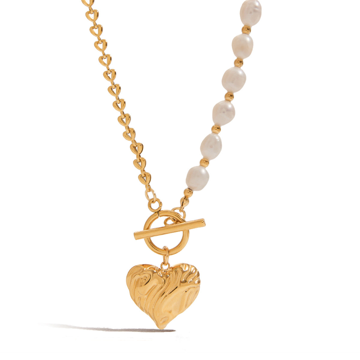 Gold-Tone Pearl-Look Heart Stainless Steel Necklace Collection – front view