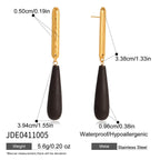 Long black drop earrings with dimension annotations