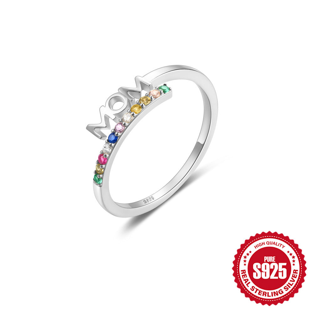 925 Sterling Silver Rainbow Zirconia MOM Ring — silver ring at angle
