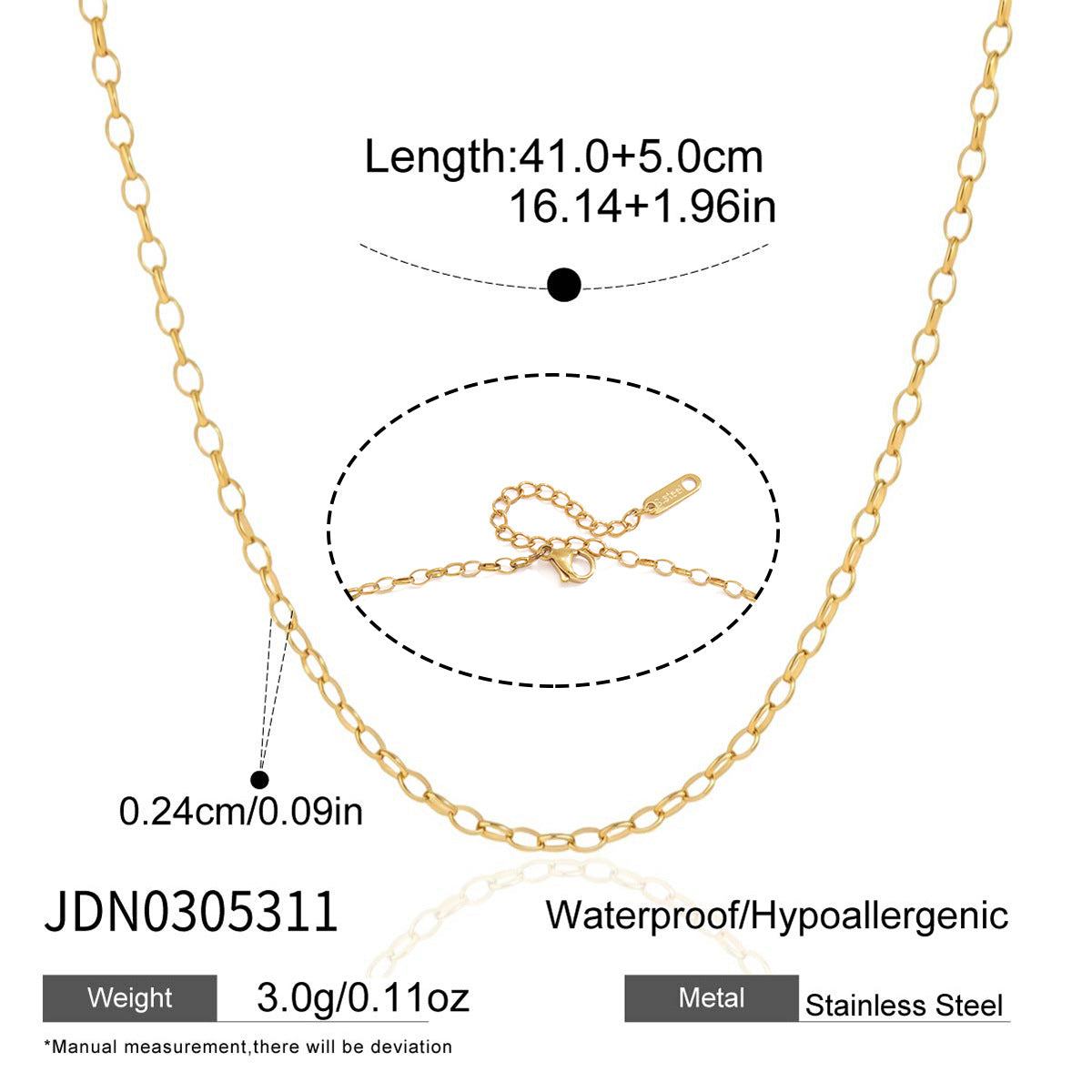 Small oval-link chain with dimensions