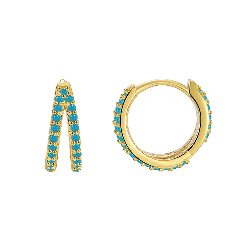 front and side product view of split double-row blue stone hoops