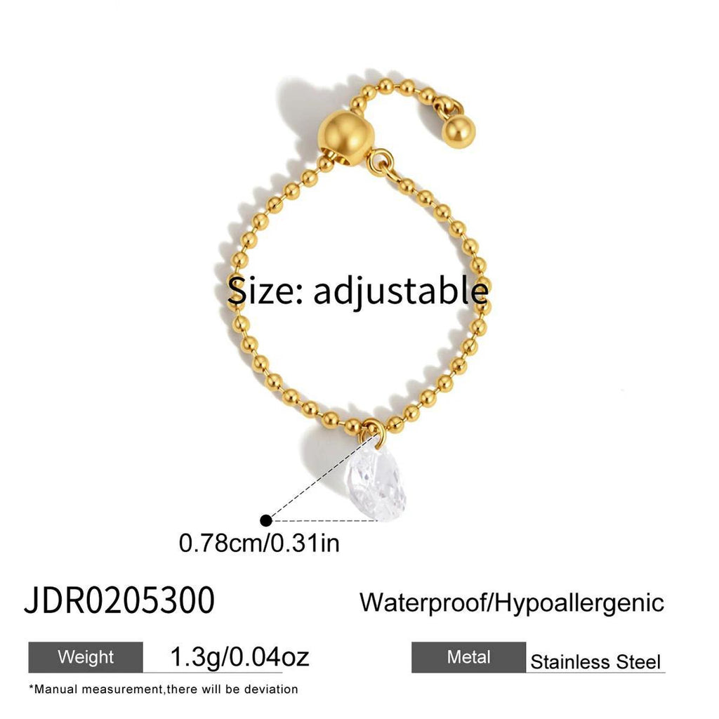 Beaded chain ring with single clear drop and sliding closure