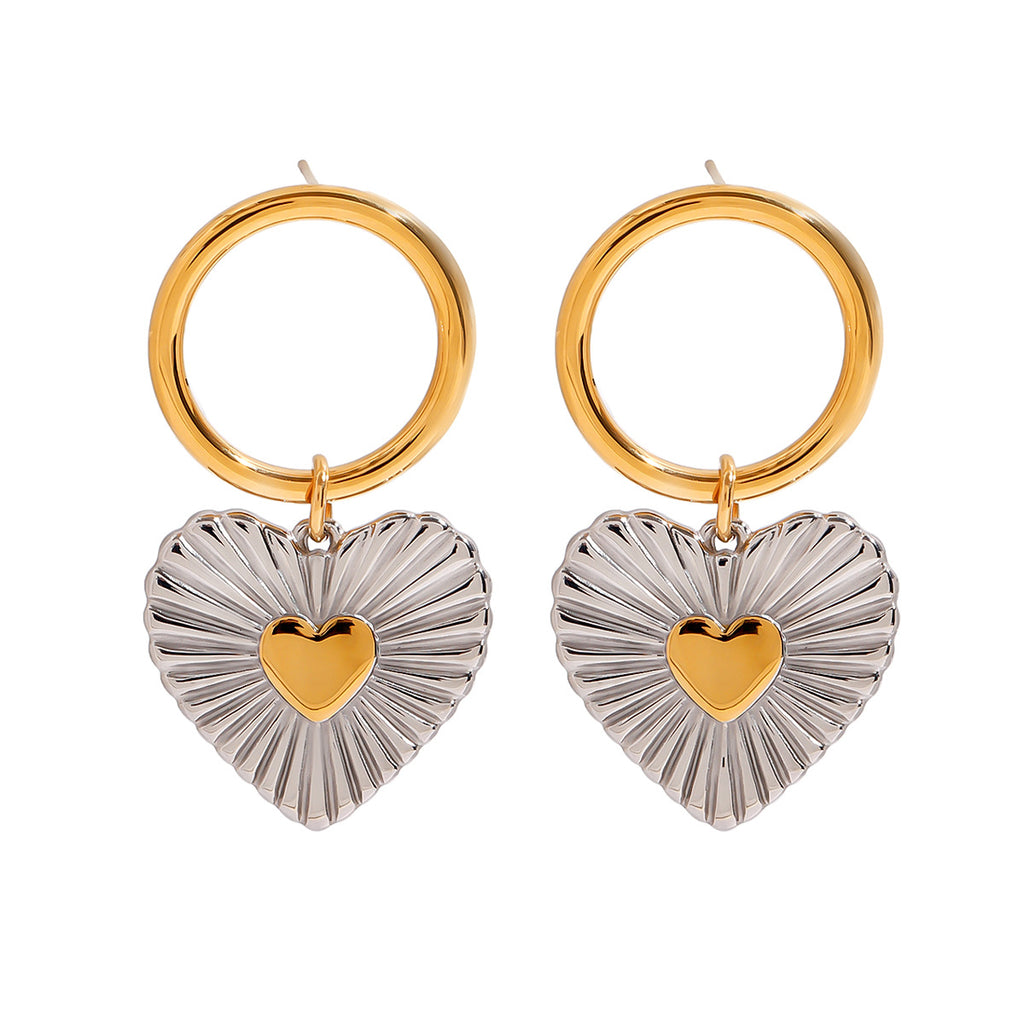 Two-Tone Heart Stainless Steel Drop Hoop Earrings – front view