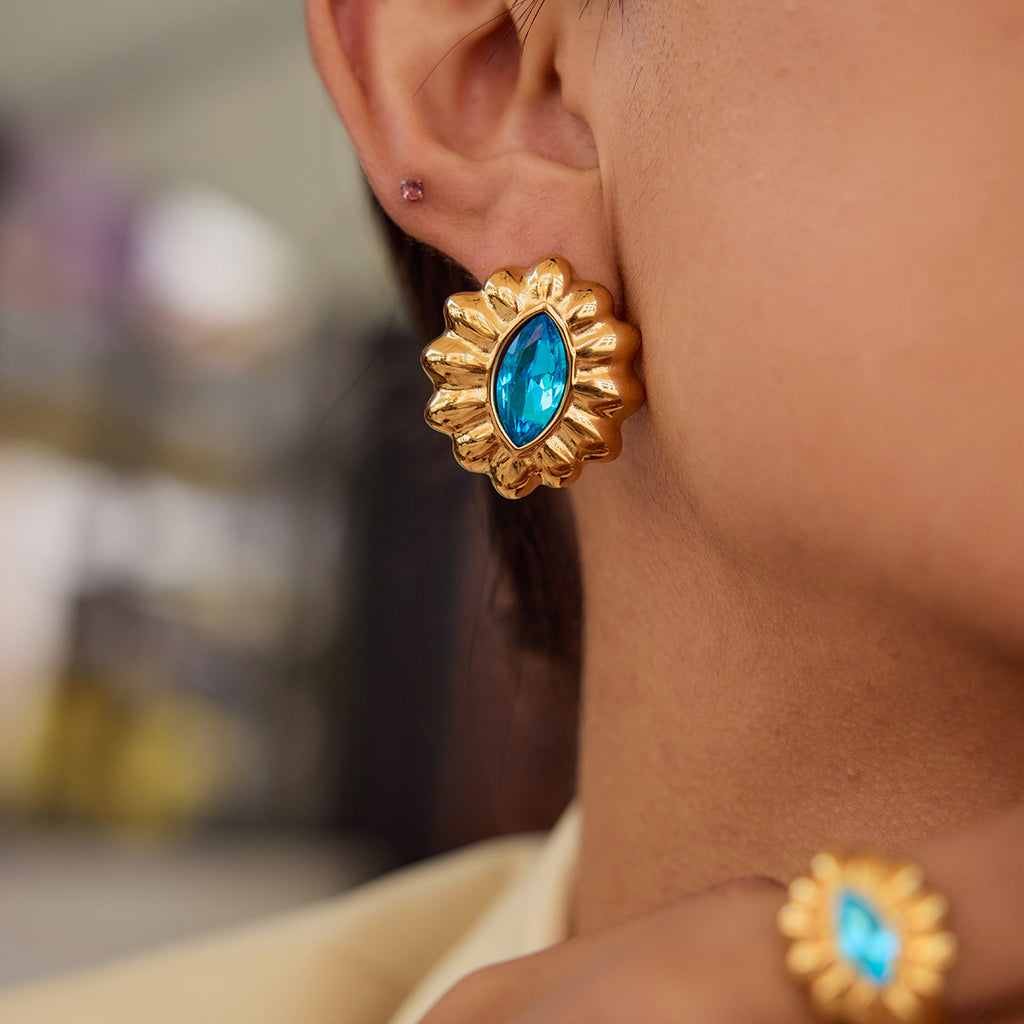 Gold-Tone Blue Zircon Floral Stainless Steel Ring – styled view
