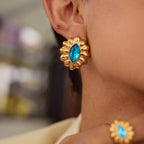 Gold-Tone Blue Zircon Floral Stainless Steel Ring – styled view