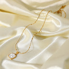 Gold Plated Stainless Steel White Inlay Square Pendant Necklace — single necklace front view