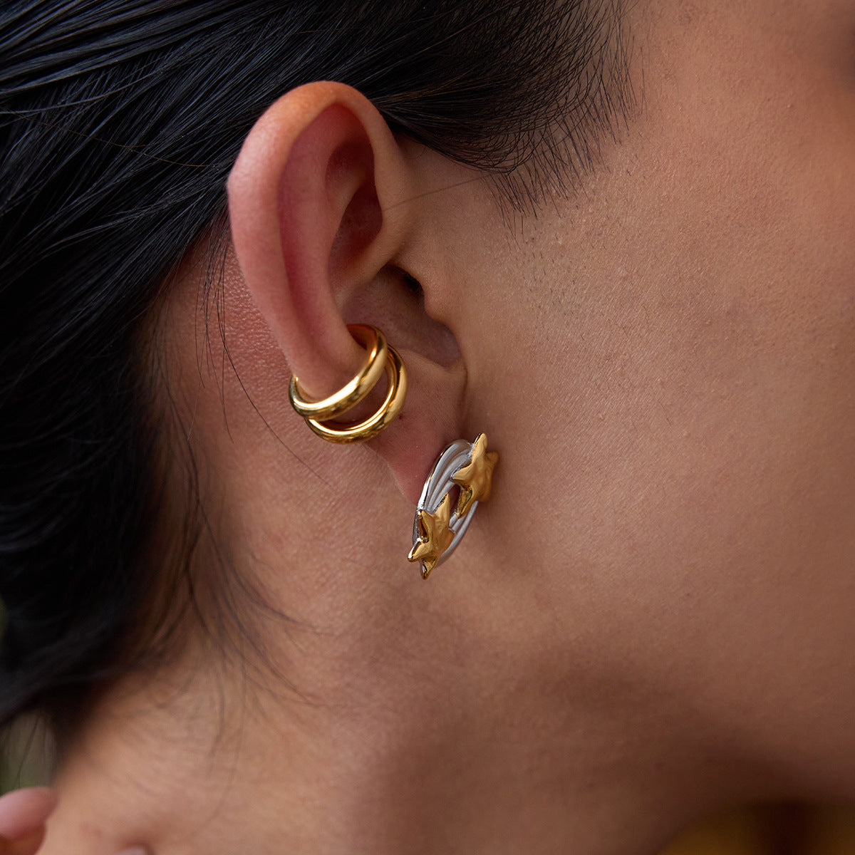 Two-Tone Star Stainless Steel Earring Collection – styled view