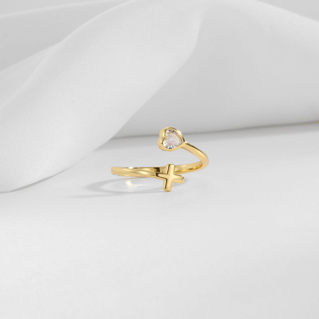 Gold Plated Brass Cross and Heart Zirconia Open Ring — cross and heart ring on white display