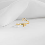 Gold Plated Brass Cross and Heart Zirconia Open Ring — cross and heart ring on white display