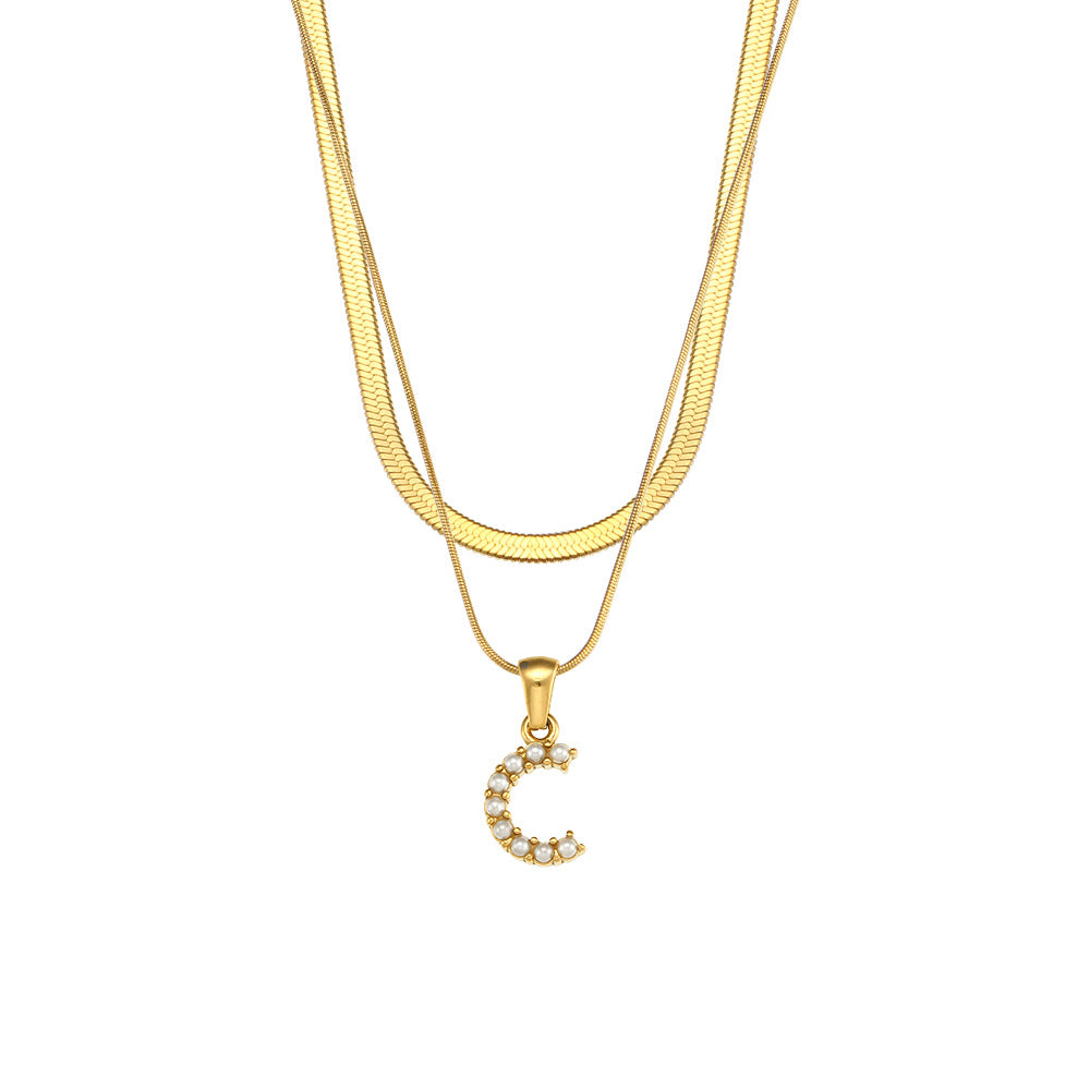Imitation pearl letter C pendant on layered stainless steel chains