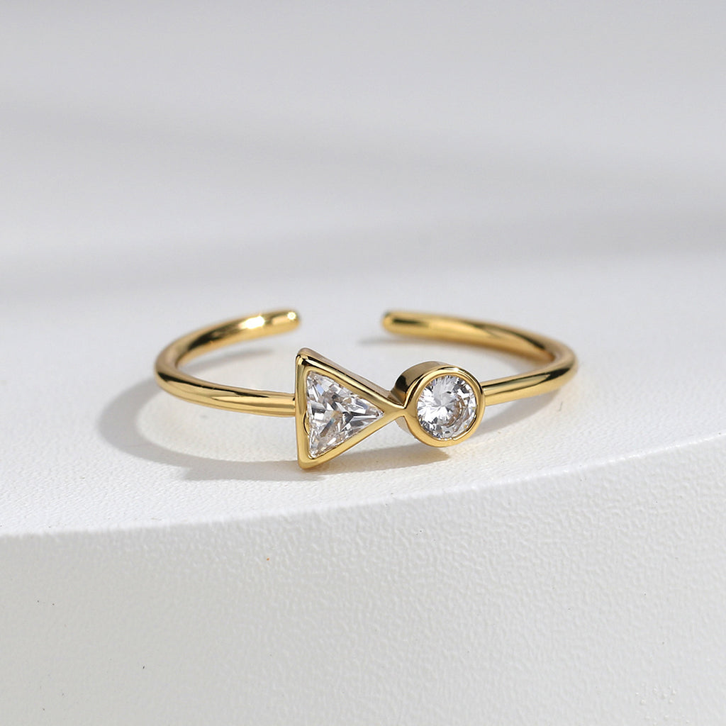 gold plated brass open ring with triangle and round clear zirconia