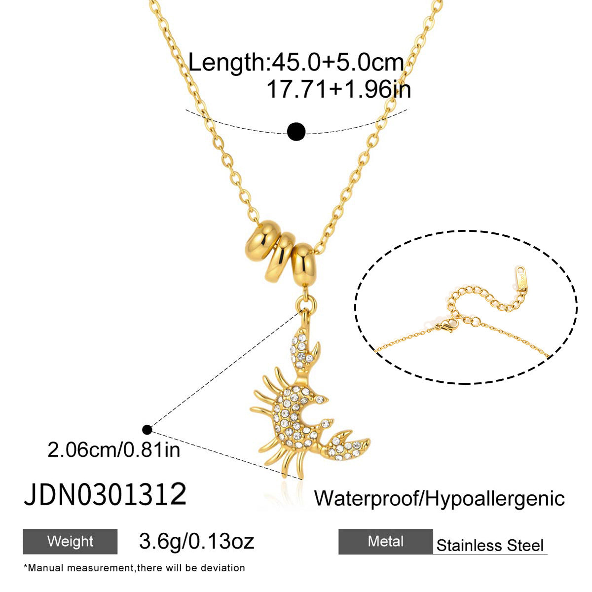 Clear-stone crab pendant necklace measurement image