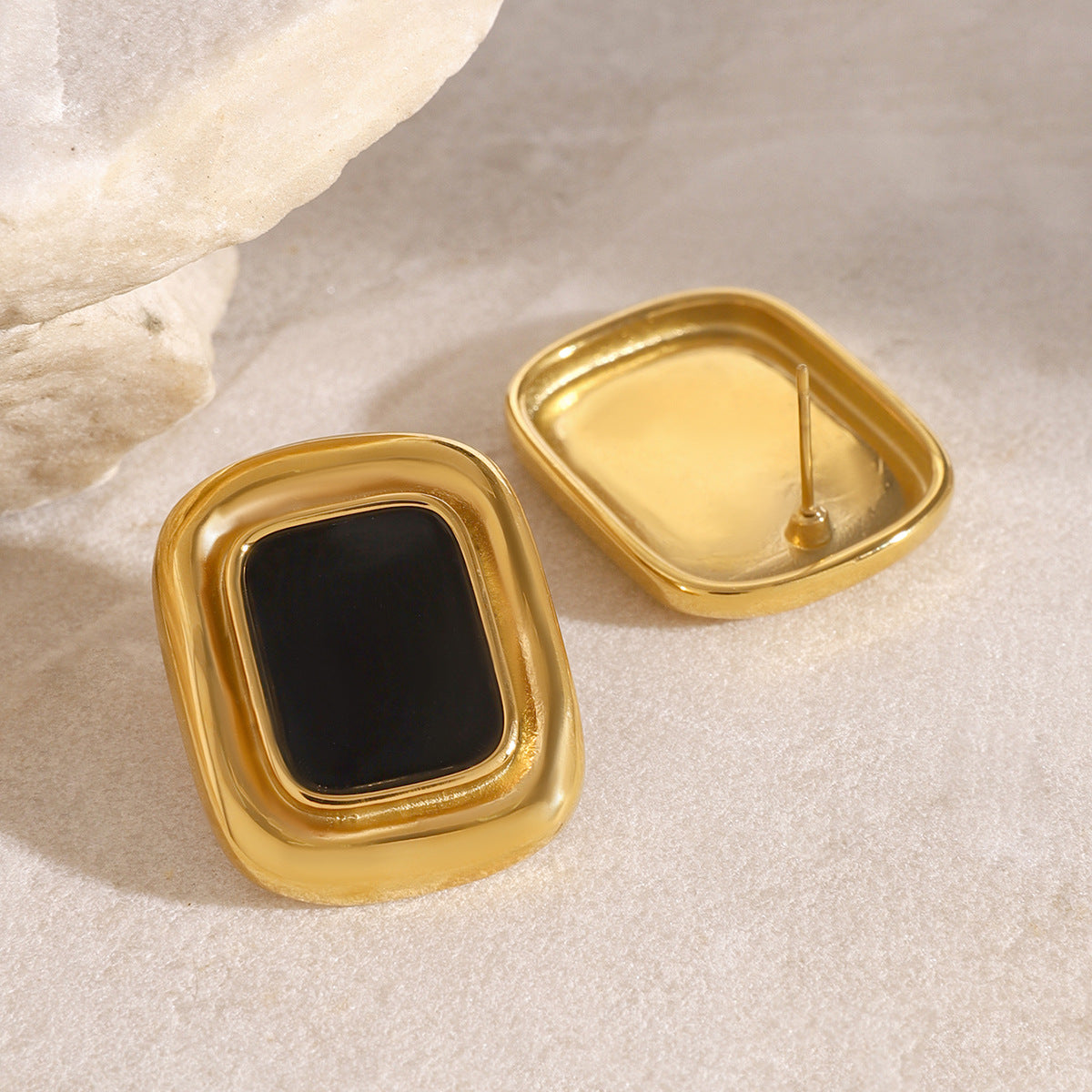 Gold-Tone Black Resin Square Stainless Steel Stud Earrings — wholesale view 3