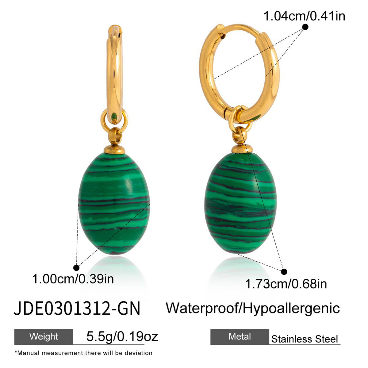 Green striped oval accent hoop earring dimensions