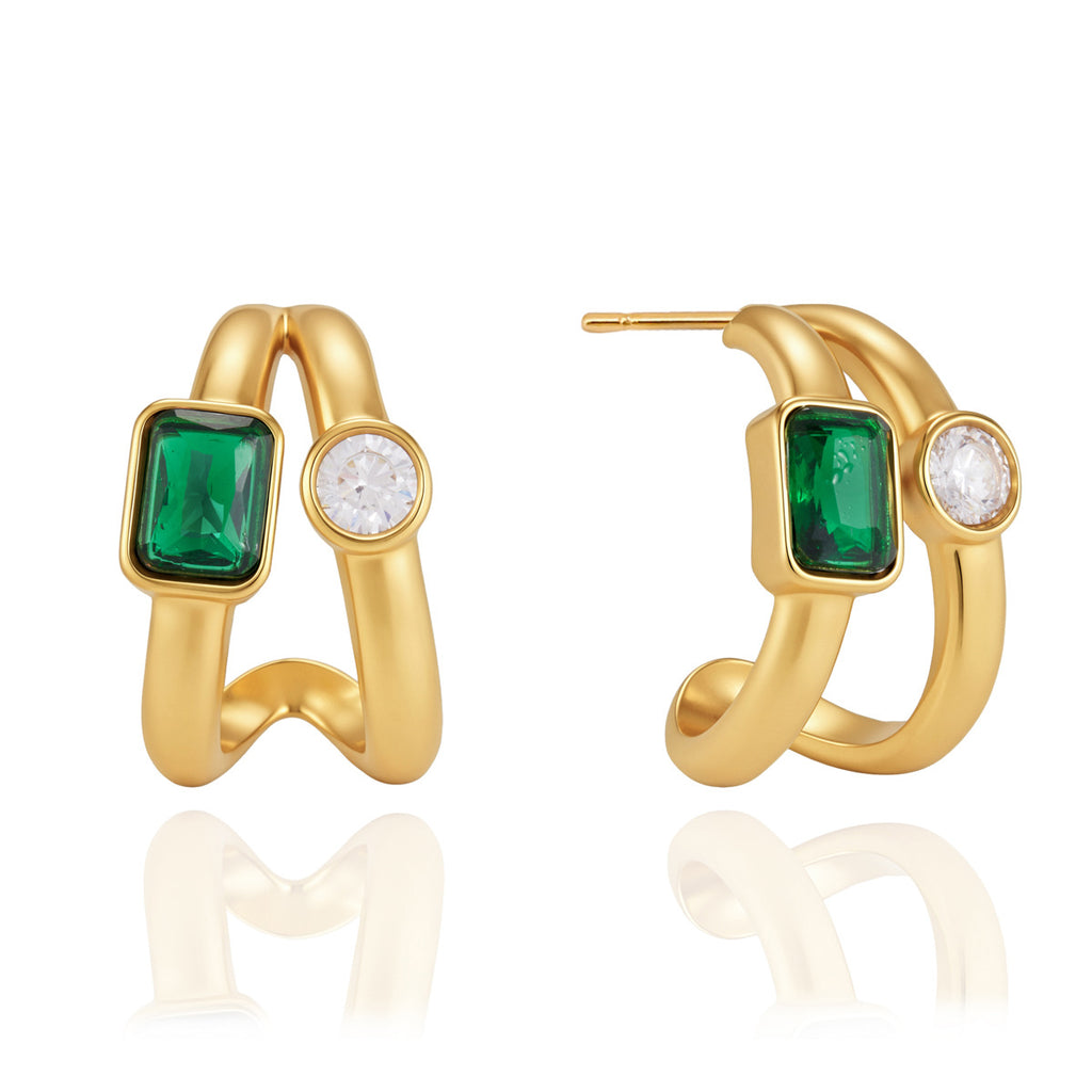 Front view of gold tone stainless steel zirconia double hoops
