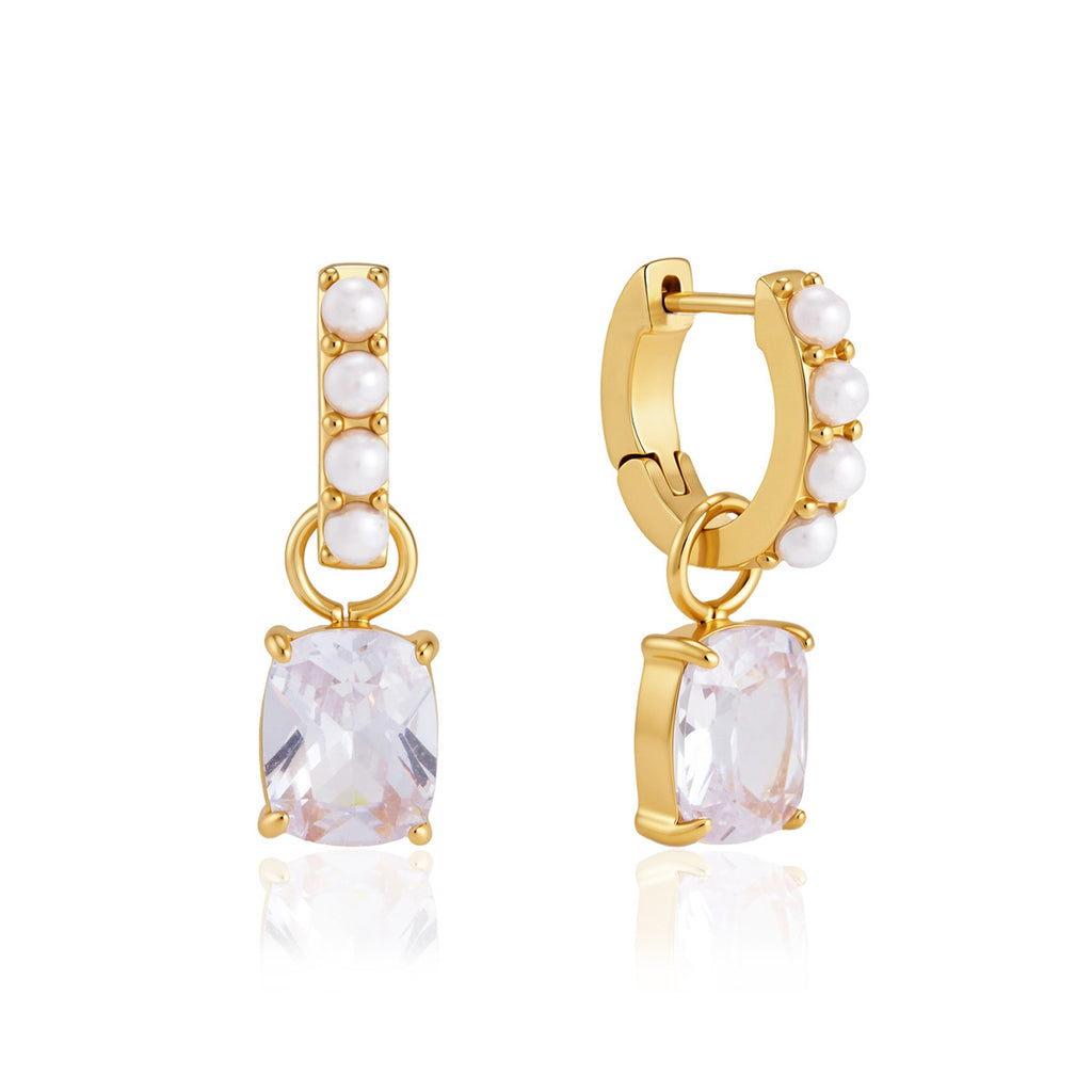 Front and side of the white-accent hoops and clear pendants