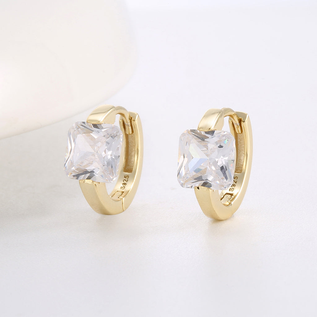 Gold Plated 925 Sterling Silver Square Zirconia Hoop Earrings — upright pair with square clear stones