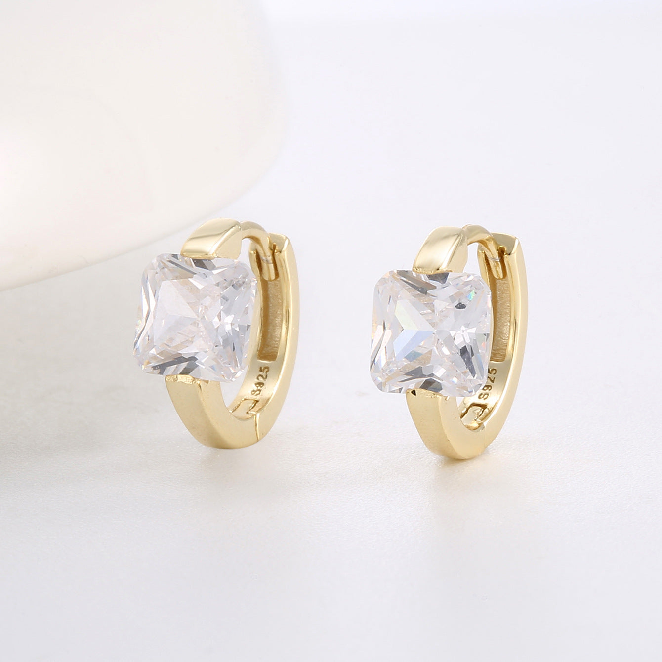 Gold Plated 925 Sterling Silver Square Zirconia Hoop Earrings — upright pair with square clear stones