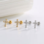 925 Sterling Silver Pavé Cross Ball-Back Stud Earrings — gold and silver pairs on white ledge