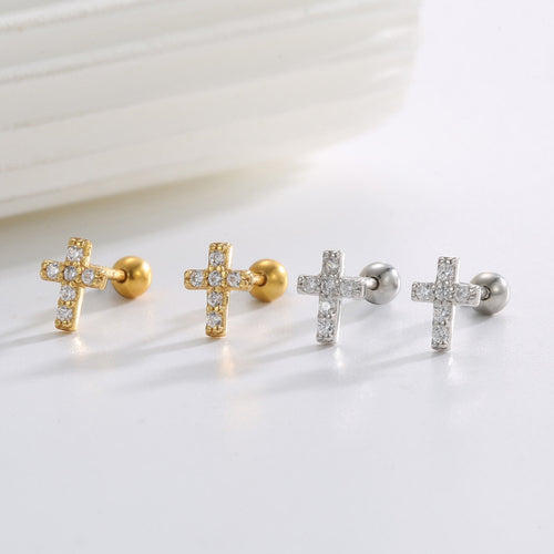 925 Sterling Silver Pavé Cross Ball-Back Stud Earrings — gold and silver pairs on white ledge