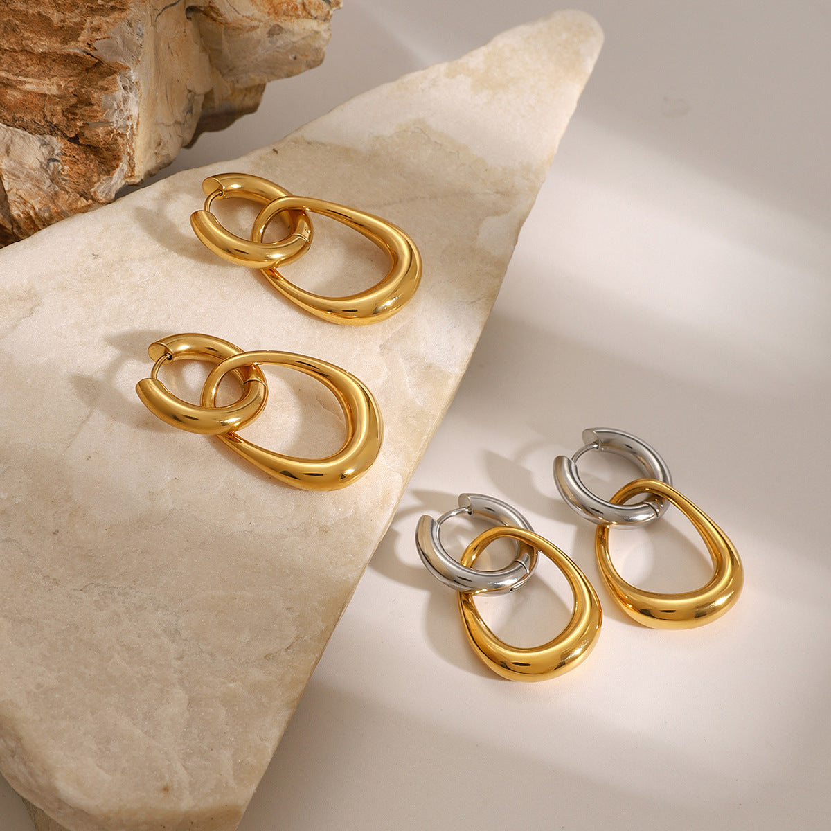 Two-Tone Interlocking Stainless Steel Hoop Drop Earrings — wholesale view 3