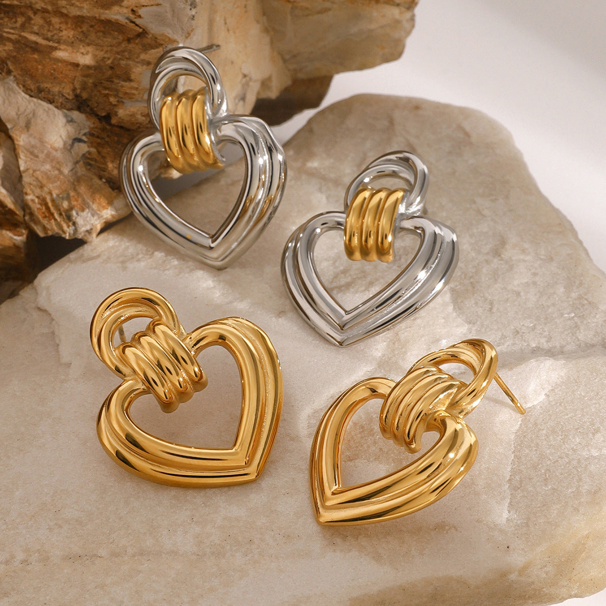 Mixed-Finish Open Heart Stainless Steel Drop Earrings — wholesale view 3