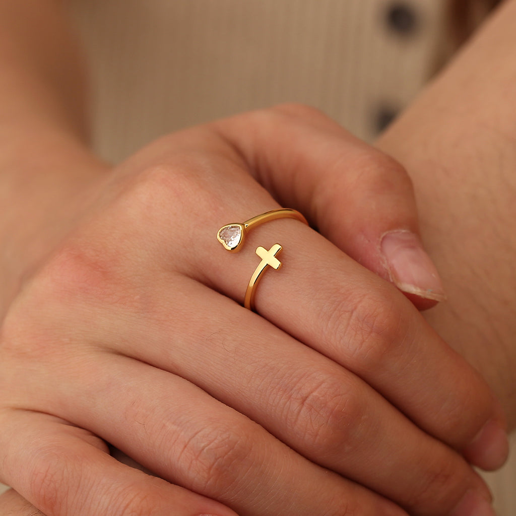 Gold Plated Brass Cross and Heart Zirconia Open Ring — open ring worn on finger