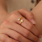 Gold Plated Brass Cross and Heart Zirconia Open Ring — open ring worn on finger