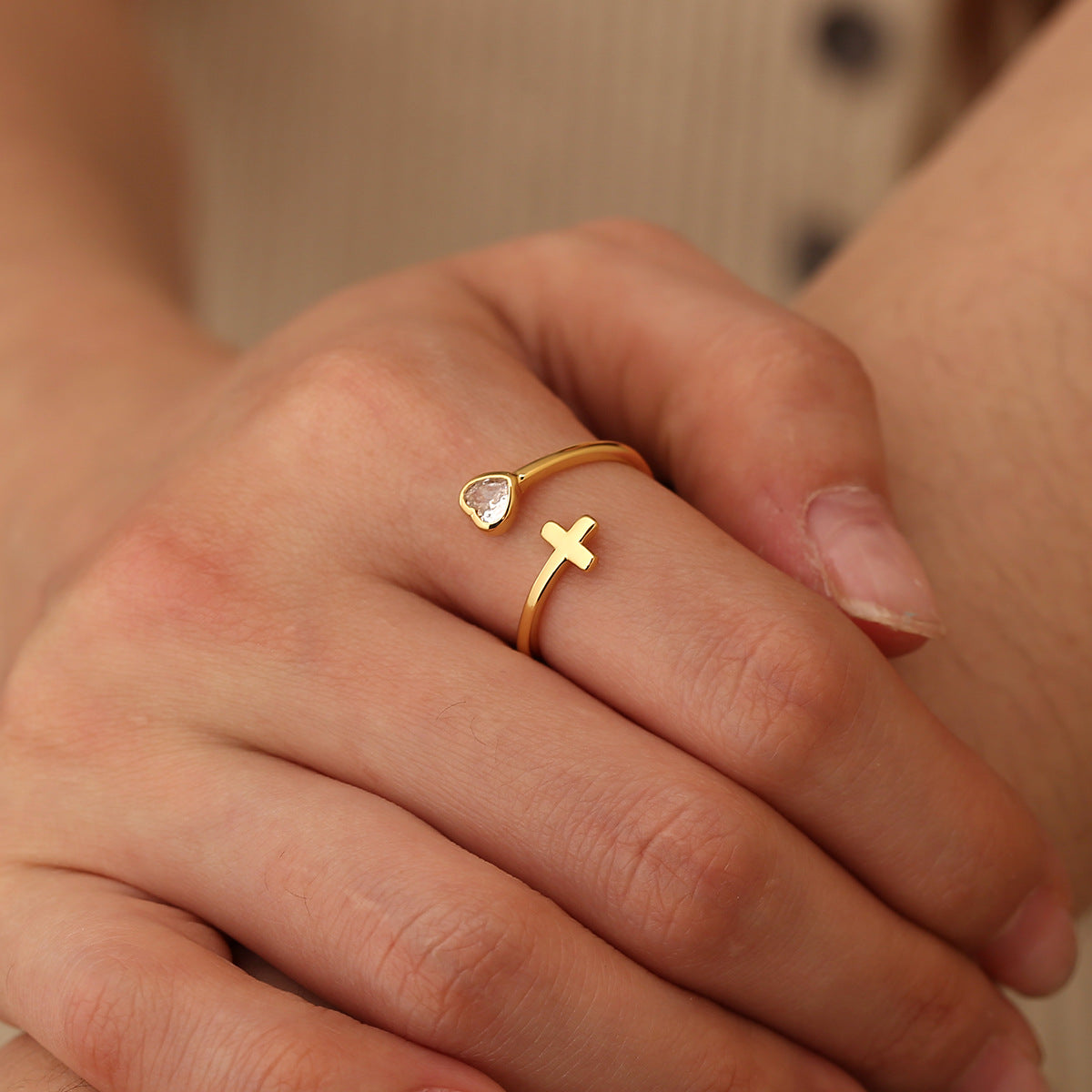 Gold Plated Brass Cross and Heart Zirconia Open Ring — open ring worn on finger